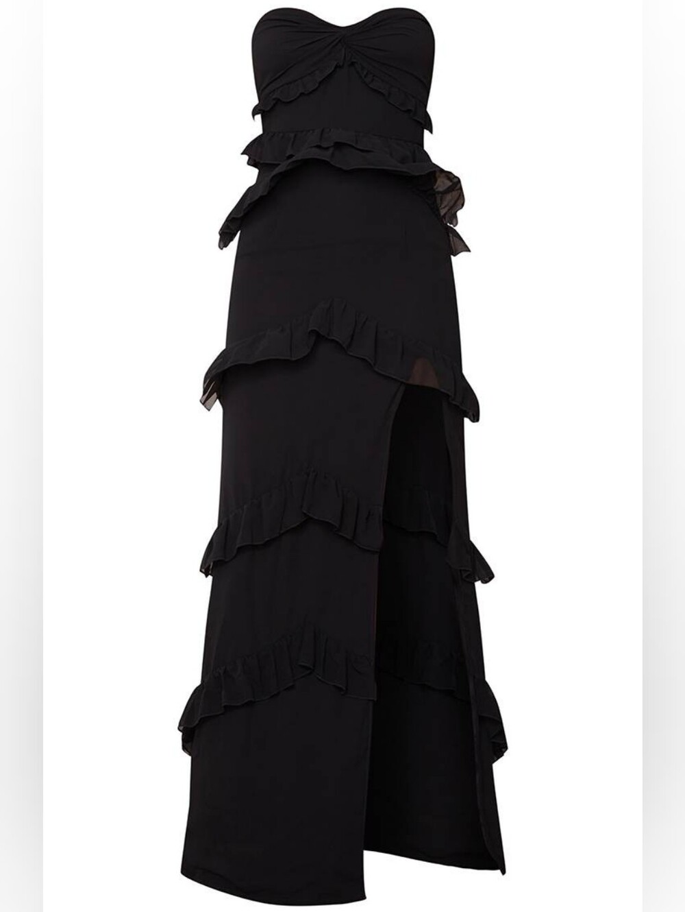 PrettyLittleThing Black Ruffle Maxi Dress Size 10 Tiered High Slit Strapless